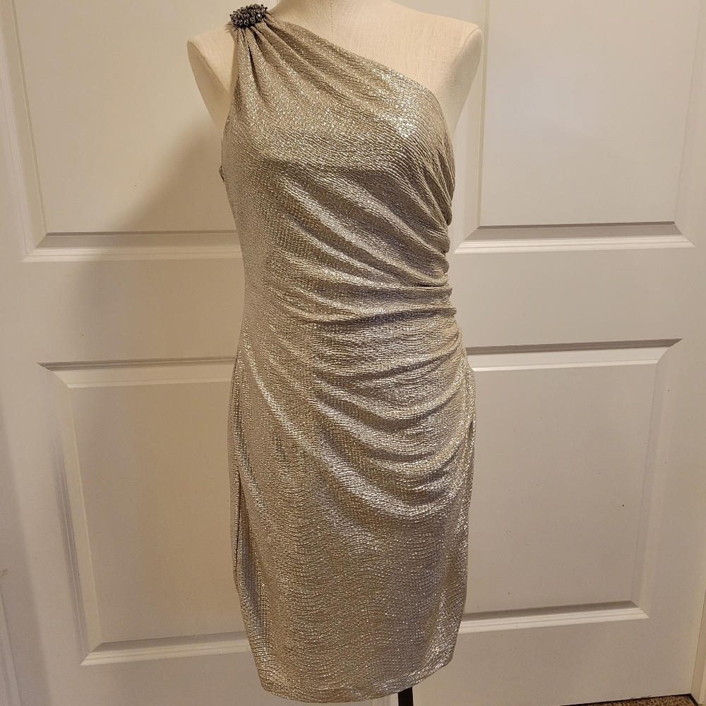 Maggy London gold one shoulder dress
